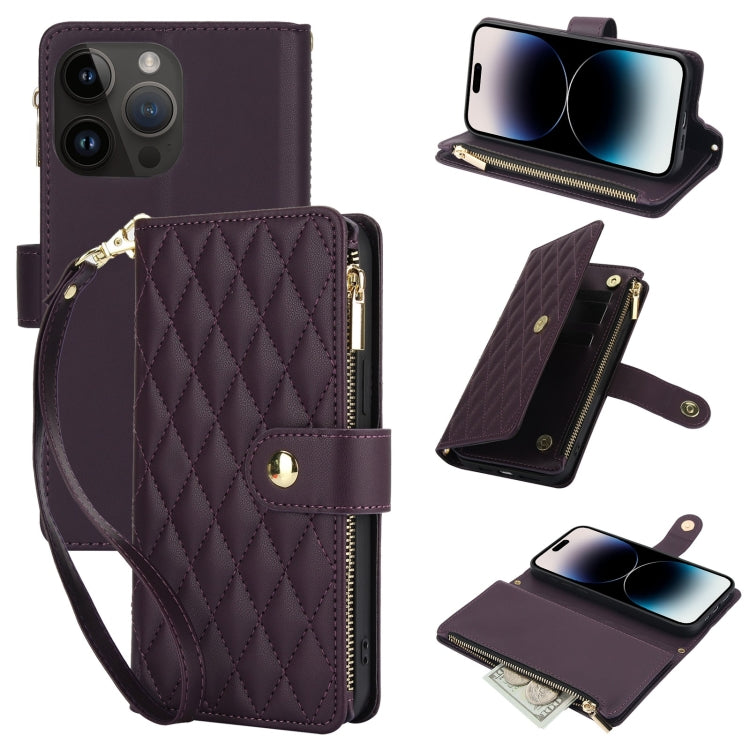 YM016 Rhombic Zipper Card Wallet Leather Phone Case with Lanyard, For iPhone 15, For iPhone 14 Plus, For iPhone 14, For iPhone 14 Pro, For iPhone 14 Pro Max, For iPhone SE 2022 / SE 2020 / 8