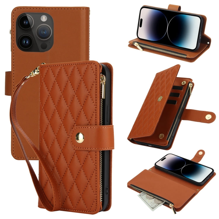YM016 Rhombic Zipper Card Wallet Leather Phone Case with Lanyard, For iPhone 15, For iPhone 14 Plus, For iPhone 14, For iPhone 14 Pro, For iPhone 14 Pro Max, For iPhone SE 2022 / SE 2020 / 8