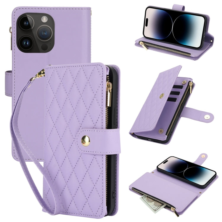 YM016 Rhombic Zipper Card Wallet Leather Phone Case with Lanyard, For iPhone 15, For iPhone 14 Plus, For iPhone 14, For iPhone 14 Pro, For iPhone 14 Pro Max, For iPhone SE 2022 / SE 2020 / 8