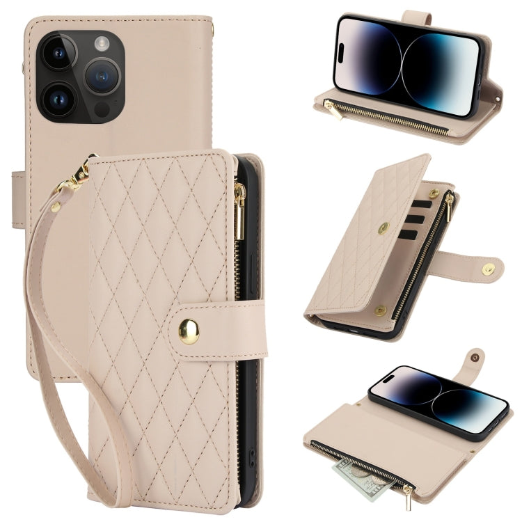YM016 Rhombic Zipper Card Wallet Leather Phone Case with Lanyard, For iPhone 15, For iPhone 14 Plus, For iPhone 14, For iPhone 14 Pro, For iPhone 14 Pro Max, For iPhone SE 2022 / SE 2020 / 8