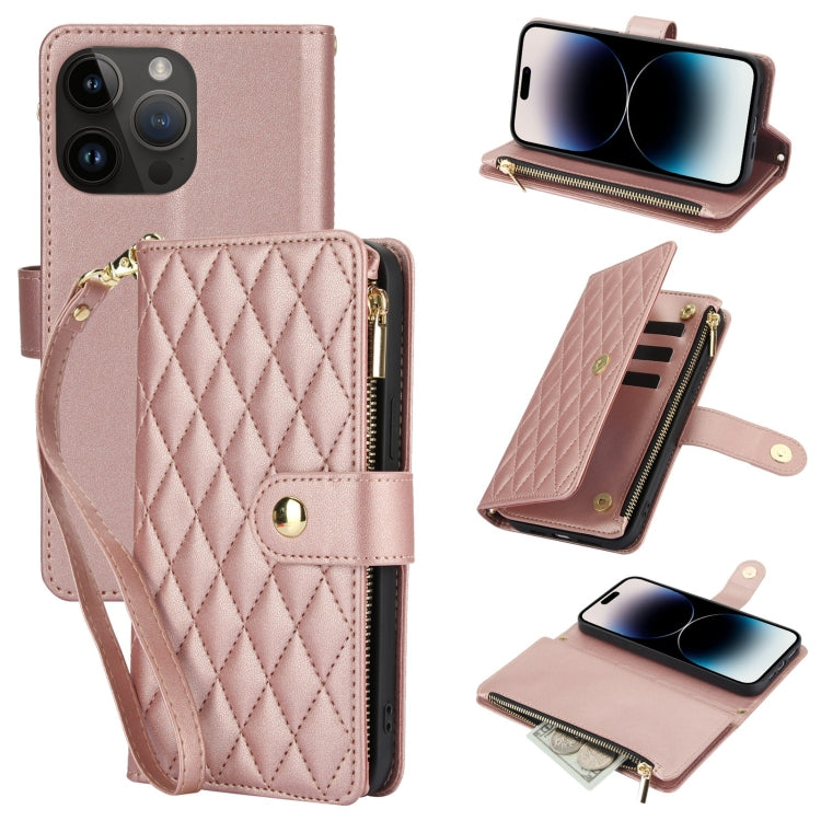 YM016 Rhombic Zipper Card Wallet Leather Phone Case with Lanyard, For iPhone 15, For iPhone 14 Plus, For iPhone 14, For iPhone 14 Pro, For iPhone 14 Pro Max, For iPhone SE 2022 / SE 2020 / 8
