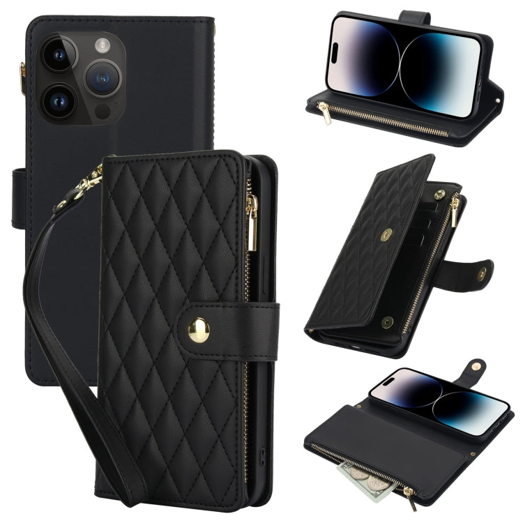 YM016 Rhombic Zipper Card Wallet Leather Phone Case with Lanyard, For iPhone 15, For iPhone 14 Plus, For iPhone 14, For iPhone 14 Pro, For iPhone 14 Pro Max, For iPhone SE 2022 / SE 2020 / 8