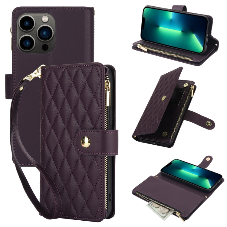 YM016 Rhombic Zipper Card Wallet Leather Phone Case with Lanyard, For iPhone 13 Pro Max, For iPhone 13 Pro, For iPhone 13, For iPhone 13 mini, For iPhone 12 / 12 Pro, For iPhone 12 Pro Max