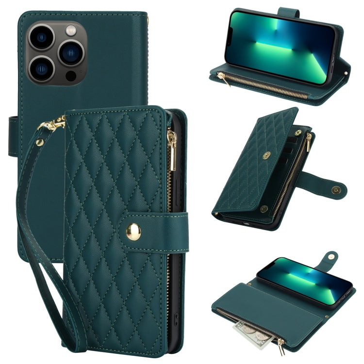 YM016 Rhombic Zipper Card Wallet Leather Phone Case with Lanyard, For iPhone 13 Pro Max, For iPhone 13 Pro, For iPhone 13, For iPhone 13 mini, For iPhone 12 / 12 Pro, For iPhone 12 Pro Max