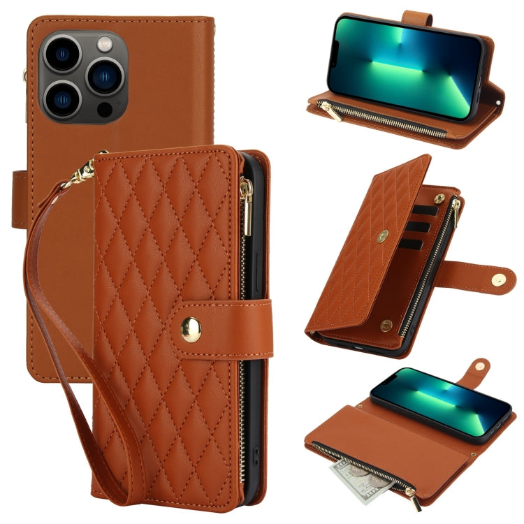 YM016 Rhombic Zipper Card Wallet Leather Phone Case with Lanyard, For iPhone 13 Pro Max, For iPhone 13 Pro, For iPhone 13, For iPhone 13 mini, For iPhone 12 / 12 Pro, For iPhone 12 Pro Max