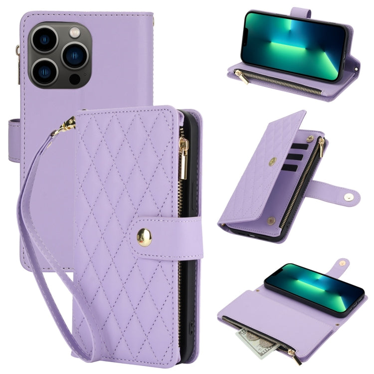 YM016 Rhombic Zipper Card Wallet Leather Phone Case with Lanyard, For iPhone 13 Pro Max, For iPhone 13 Pro, For iPhone 13, For iPhone 13 mini, For iPhone 12 / 12 Pro, For iPhone 12 Pro Max