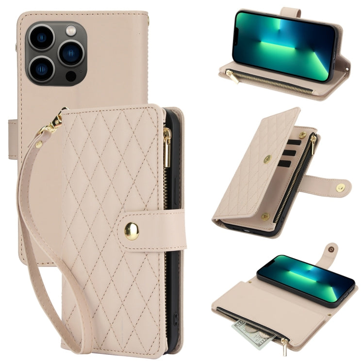YM016 Rhombic Zipper Card Wallet Leather Phone Case with Lanyard, For iPhone 13 Pro Max, For iPhone 13 Pro, For iPhone 13, For iPhone 13 mini, For iPhone 12 / 12 Pro, For iPhone 12 Pro Max