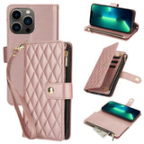 YM016 Rhombic Zipper Card Wallet Leather Phone Case with Lanyard, For iPhone 13 Pro Max, For iPhone 13 Pro, For iPhone 13, For iPhone 13 mini, For iPhone 12 / 12 Pro, For iPhone 12 Pro Max