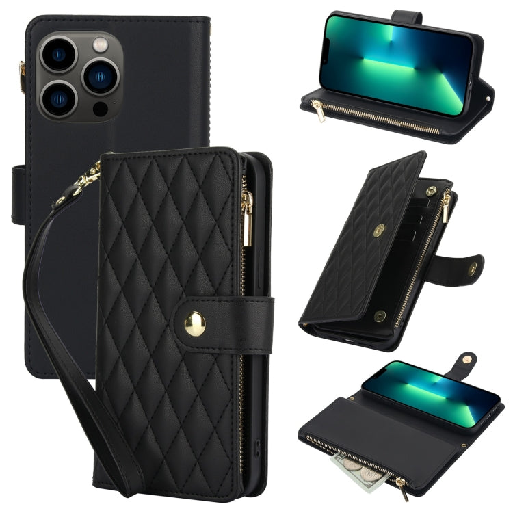 YM016 Rhombic Zipper Card Wallet Leather Phone Case with Lanyard, For iPhone 13 Pro Max, For iPhone 13 Pro, For iPhone 13, For iPhone 13 mini, For iPhone 12 / 12 Pro, For iPhone 12 Pro Max