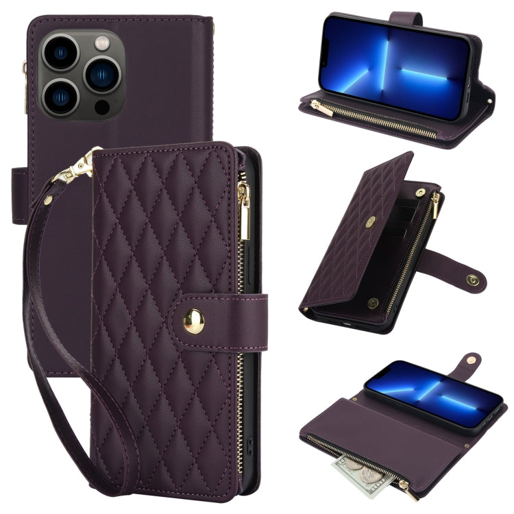 YM016 Rhombic Zipper Card Wallet Leather Phone Case with Lanyard, For iPhone 13 Pro Max, For iPhone 13 Pro, For iPhone 13, For iPhone 13 mini, For iPhone 12 / 12 Pro, For iPhone 12 Pro Max