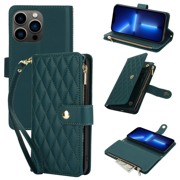 YM016 Rhombic Zipper Card Wallet Leather Phone Case with Lanyard, For iPhone 13 Pro Max, For iPhone 13 Pro, For iPhone 13, For iPhone 13 mini, For iPhone 12 / 12 Pro, For iPhone 12 Pro Max