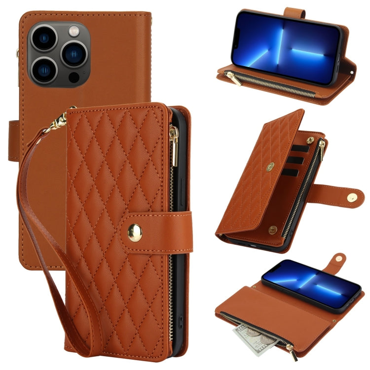 YM016 Rhombic Zipper Card Wallet Leather Phone Case with Lanyard, For iPhone 13 Pro Max, For iPhone 13 Pro, For iPhone 13, For iPhone 13 mini, For iPhone 12 / 12 Pro, For iPhone 12 Pro Max