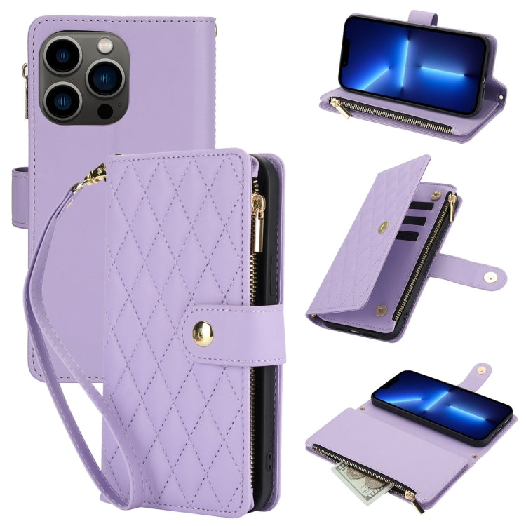 YM016 Rhombic Zipper Card Wallet Leather Phone Case with Lanyard, For iPhone 13 Pro Max, For iPhone 13 Pro, For iPhone 13, For iPhone 13 mini, For iPhone 12 / 12 Pro, For iPhone 12 Pro Max