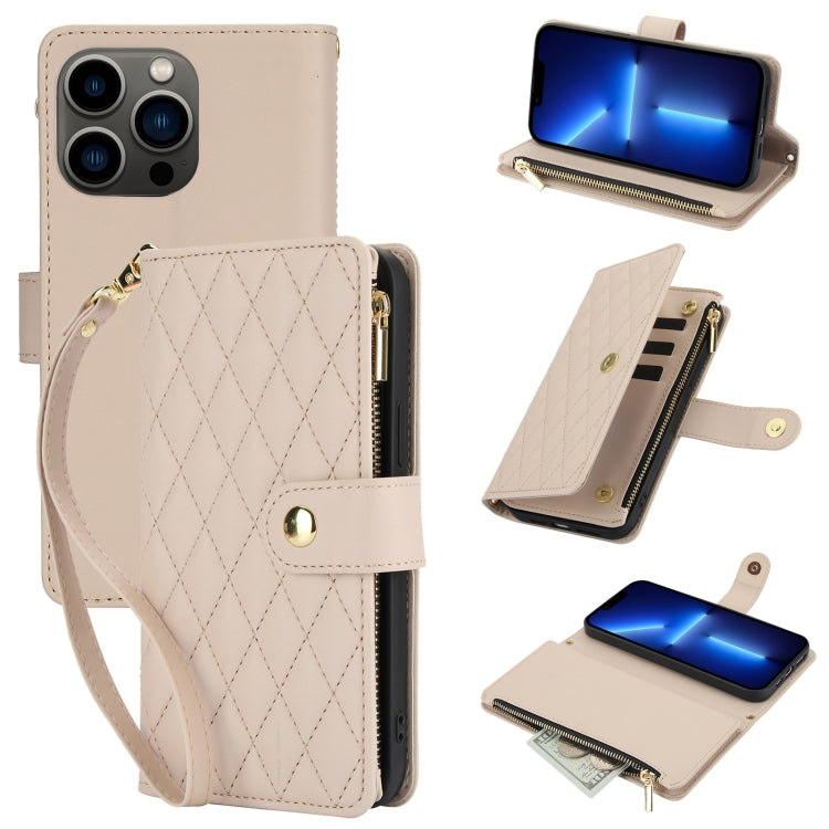 YM016 Rhombic Zipper Card Wallet Leather Phone Case with Lanyard, For iPhone 13 Pro Max, For iPhone 13 Pro, For iPhone 13, For iPhone 13 mini, For iPhone 12 / 12 Pro, For iPhone 12 Pro Max