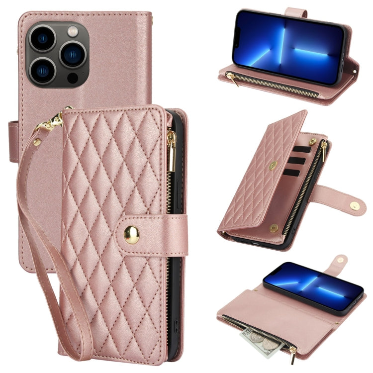YM016 Rhombic Zipper Card Wallet Leather Phone Case with Lanyard, For iPhone 13 Pro Max, For iPhone 13 Pro, For iPhone 13, For iPhone 13 mini, For iPhone 12 / 12 Pro, For iPhone 12 Pro Max