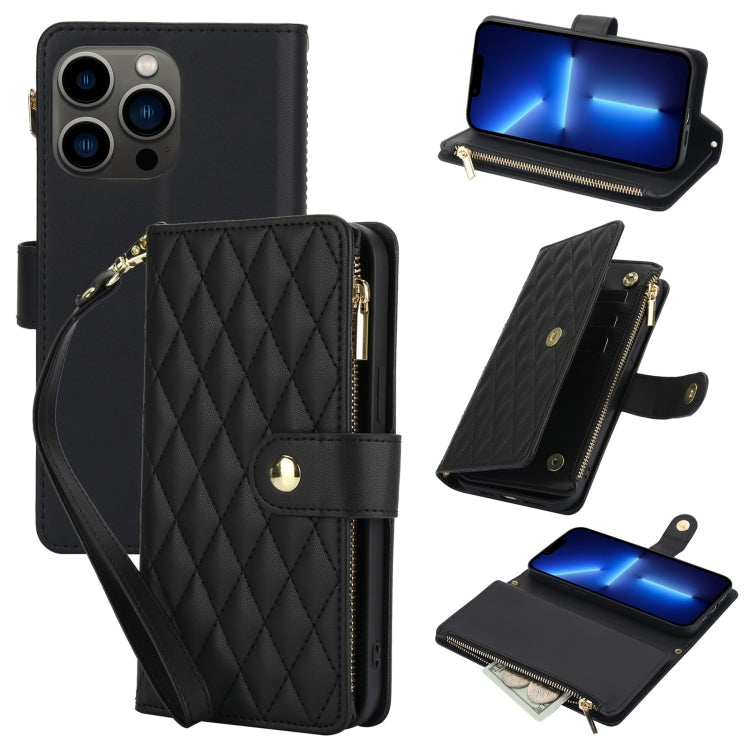 YM016 Rhombic Zipper Card Wallet Leather Phone Case with Lanyard, For iPhone 13 Pro Max, For iPhone 13 Pro, For iPhone 13, For iPhone 13 mini, For iPhone 12 / 12 Pro, For iPhone 12 Pro Max