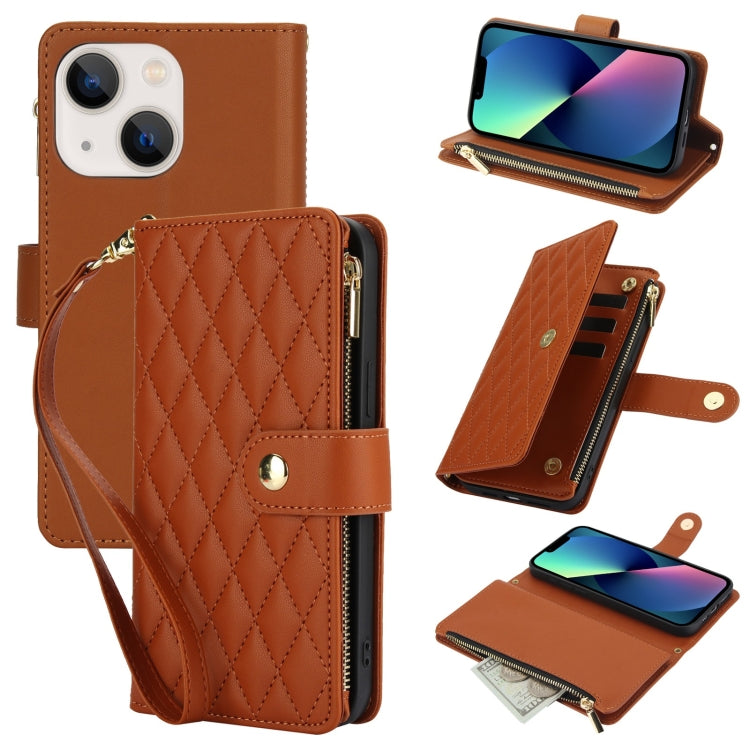YM016 Rhombic Zipper Card Wallet Leather Phone Case with Lanyard, For iPhone 13 Pro Max, For iPhone 13 Pro, For iPhone 13, For iPhone 13 mini, For iPhone 12 / 12 Pro, For iPhone 12 Pro Max