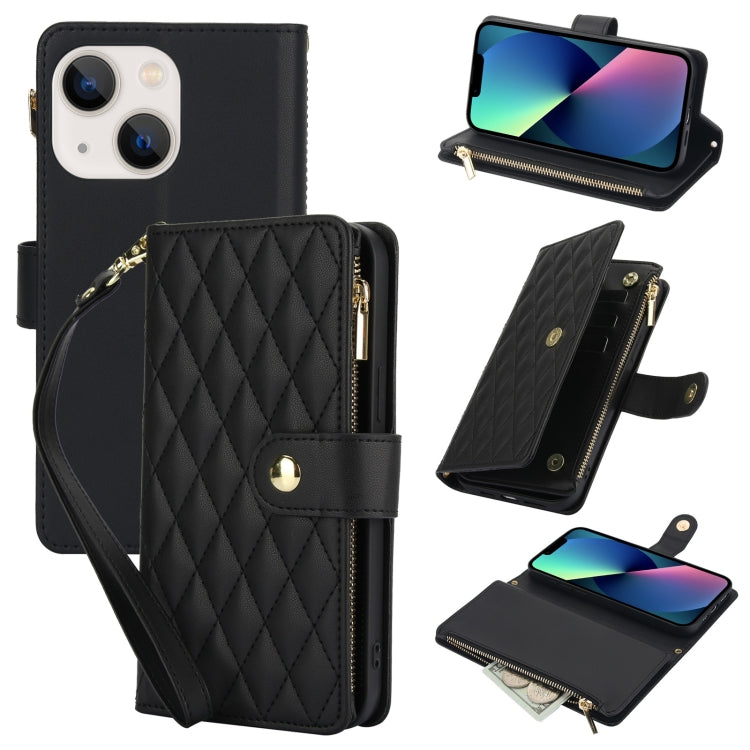 YM016 Rhombic Zipper Card Wallet Leather Phone Case with Lanyard, For iPhone 13 Pro Max, For iPhone 13 Pro, For iPhone 13, For iPhone 13 mini, For iPhone 12 / 12 Pro, For iPhone 12 Pro Max