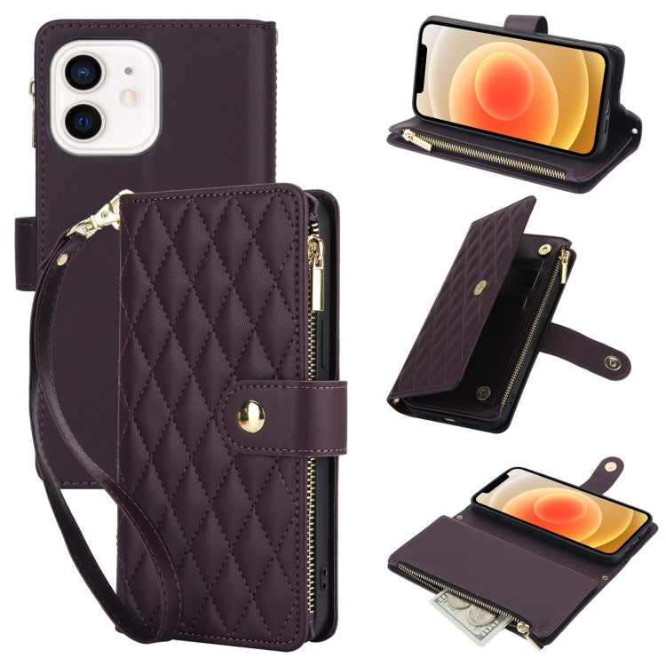 YM016 Rhombic Zipper Card Wallet Leather Phone Case with Lanyard, For iPhone 13 Pro Max, For iPhone 13 Pro, For iPhone 13, For iPhone 13 mini, For iPhone 12 / 12 Pro, For iPhone 12 Pro Max
