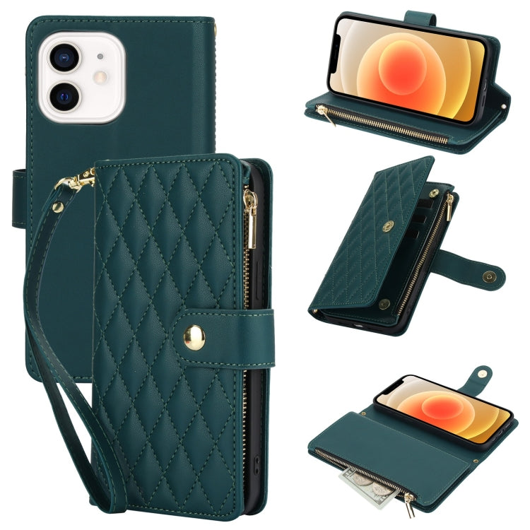 YM016 Rhombic Zipper Card Wallet Leather Phone Case with Lanyard, For iPhone 13 Pro Max, For iPhone 13 Pro, For iPhone 13, For iPhone 13 mini, For iPhone 12 / 12 Pro, For iPhone 12 Pro Max