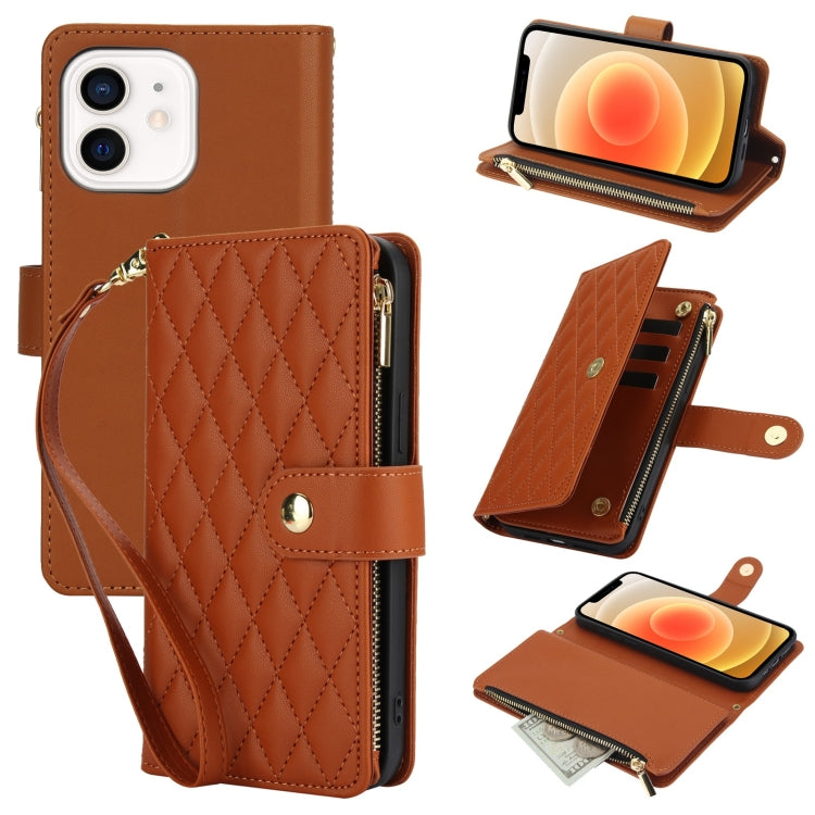 YM016 Rhombic Zipper Card Wallet Leather Phone Case with Lanyard, For iPhone 13 Pro Max, For iPhone 13 Pro, For iPhone 13, For iPhone 13 mini, For iPhone 12 / 12 Pro, For iPhone 12 Pro Max