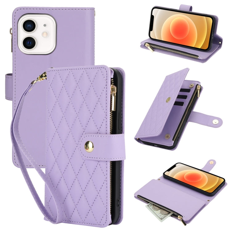 YM016 Rhombic Zipper Card Wallet Leather Phone Case with Lanyard, For iPhone 13 Pro Max, For iPhone 13 Pro, For iPhone 13, For iPhone 13 mini, For iPhone 12 / 12 Pro, For iPhone 12 Pro Max