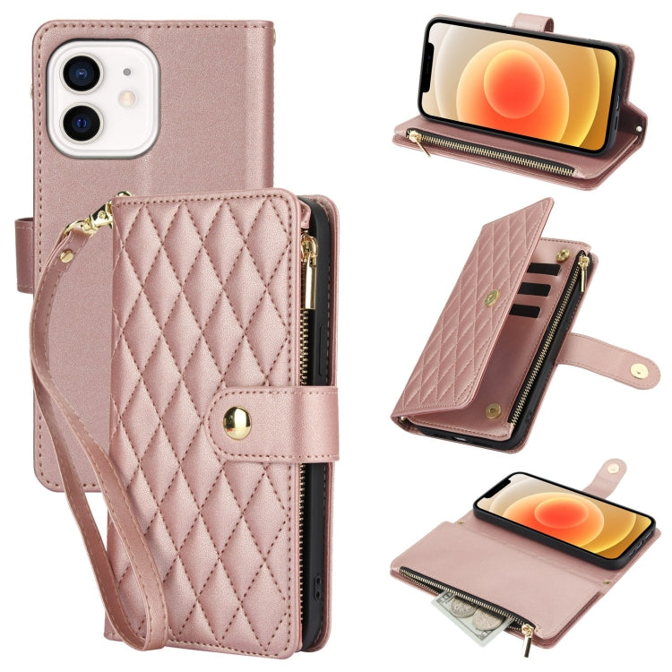 YM016 Rhombic Zipper Card Wallet Leather Phone Case with Lanyard, For iPhone 13 Pro Max, For iPhone 13 Pro, For iPhone 13, For iPhone 13 mini, For iPhone 12 / 12 Pro, For iPhone 12 Pro Max