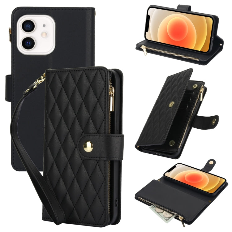 YM016 Rhombic Zipper Card Wallet Leather Phone Case with Lanyard, For iPhone 13 Pro Max, For iPhone 13 Pro, For iPhone 13, For iPhone 13 mini, For iPhone 12 / 12 Pro, For iPhone 12 Pro Max