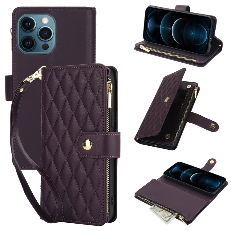 YM016 Rhombic Zipper Card Wallet Leather Phone Case with Lanyard, For iPhone 13 Pro Max, For iPhone 13 Pro, For iPhone 13, For iPhone 13 mini, For iPhone 12 / 12 Pro, For iPhone 12 Pro Max