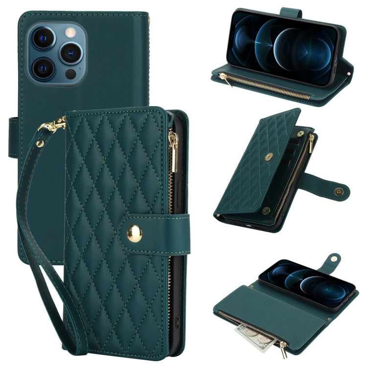 YM016 Rhombic Zipper Card Wallet Leather Phone Case with Lanyard, For iPhone 13 Pro Max, For iPhone 13 Pro, For iPhone 13, For iPhone 13 mini, For iPhone 12 / 12 Pro, For iPhone 12 Pro Max