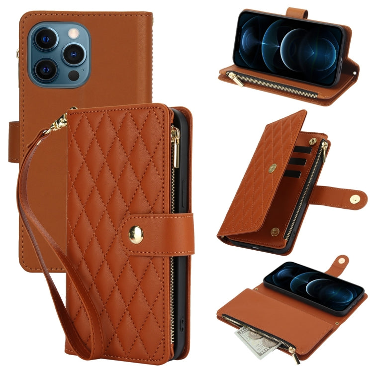 YM016 Rhombic Zipper Card Wallet Leather Phone Case with Lanyard, For iPhone 13 Pro Max, For iPhone 13 Pro, For iPhone 13, For iPhone 13 mini, For iPhone 12 / 12 Pro, For iPhone 12 Pro Max