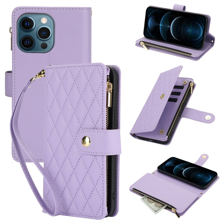 YM016 Rhombic Zipper Card Wallet Leather Phone Case with Lanyard, For iPhone 13 Pro Max, For iPhone 13 Pro, For iPhone 13, For iPhone 13 mini, For iPhone 12 / 12 Pro, For iPhone 12 Pro Max