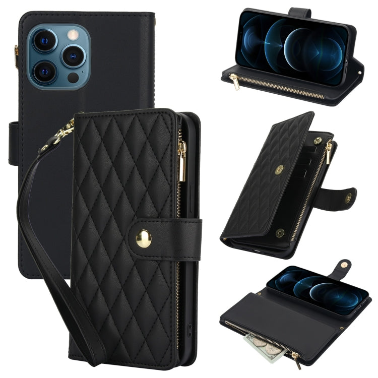 YM016 Rhombic Zipper Card Wallet Leather Phone Case with Lanyard, For iPhone 13 Pro Max, For iPhone 13 Pro, For iPhone 13, For iPhone 13 mini, For iPhone 12 / 12 Pro, For iPhone 12 Pro Max