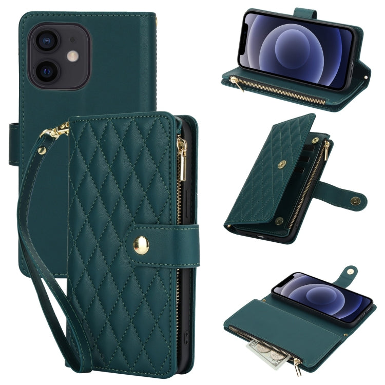 YM016 Rhombic Zipper Card Wallet Leather Phone Case with Lanyard, For iPhone 12 mini, For iPhone 11 Pro Max, For iPhone 11, For iPhone 11 Pro, For iPhone X / XS, For iPhone XR