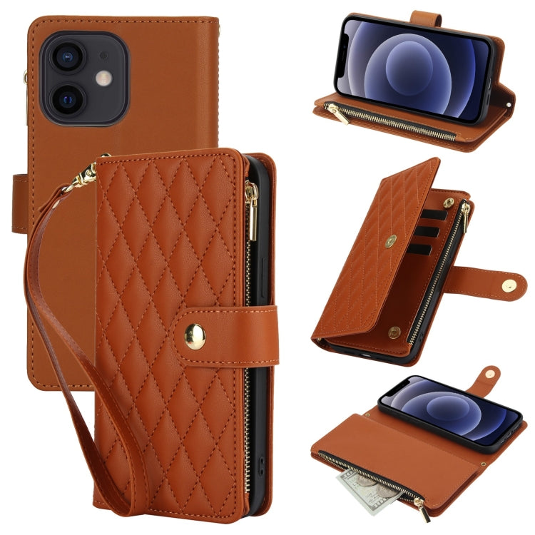 YM016 Rhombic Zipper Card Wallet Leather Phone Case with Lanyard, For iPhone 12 mini, For iPhone 11 Pro Max, For iPhone 11, For iPhone 11 Pro, For iPhone X / XS, For iPhone XR