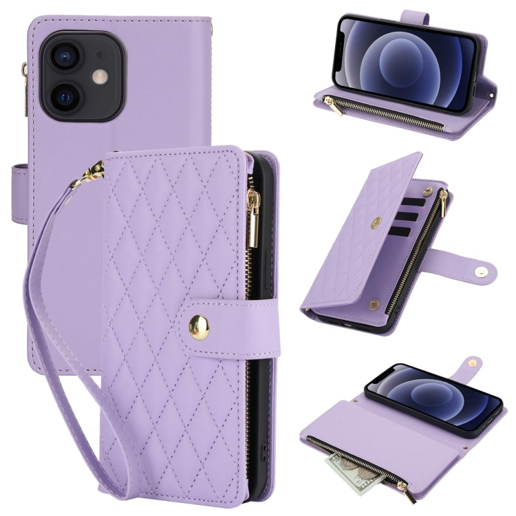 YM016 Rhombic Zipper Card Wallet Leather Phone Case with Lanyard, For iPhone 12 mini, For iPhone 11 Pro Max, For iPhone 11, For iPhone 11 Pro, For iPhone X / XS, For iPhone XR
