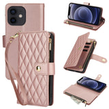 YM016 Rhombic Zipper Card Wallet Leather Phone Case with Lanyard, For iPhone 12 mini, For iPhone 11 Pro Max, For iPhone 11, For iPhone 11 Pro, For iPhone X / XS, For iPhone XR
