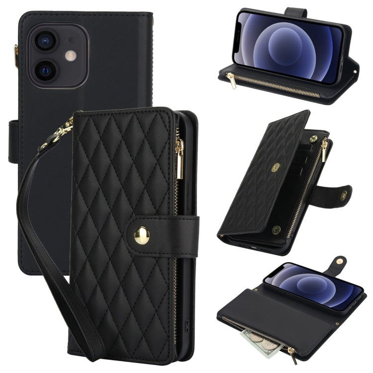 YM016 Rhombic Zipper Card Wallet Leather Phone Case with Lanyard, For iPhone 12 mini, For iPhone 11 Pro Max, For iPhone 11, For iPhone 11 Pro, For iPhone X / XS, For iPhone XR