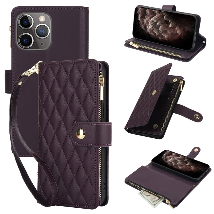 YM016 Rhombic Zipper Card Wallet Leather Phone Case with Lanyard, For iPhone 12 mini, For iPhone 11 Pro Max, For iPhone 11, For iPhone 11 Pro, For iPhone X / XS, For iPhone XR
