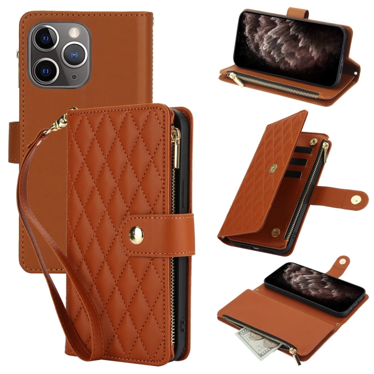 YM016 Rhombic Zipper Card Wallet Leather Phone Case with Lanyard, For iPhone 12 mini, For iPhone 11 Pro Max, For iPhone 11, For iPhone 11 Pro, For iPhone X / XS, For iPhone XR