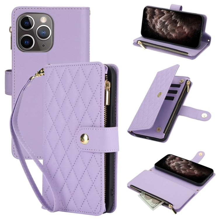 YM016 Rhombic Zipper Card Wallet Leather Phone Case with Lanyard, For iPhone 12 mini, For iPhone 11 Pro Max, For iPhone 11, For iPhone 11 Pro, For iPhone X / XS, For iPhone XR