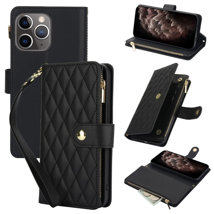 YM016 Rhombic Zipper Card Wallet Leather Phone Case with Lanyard, For iPhone 12 mini, For iPhone 11 Pro Max, For iPhone 11, For iPhone 11 Pro, For iPhone X / XS, For iPhone XR