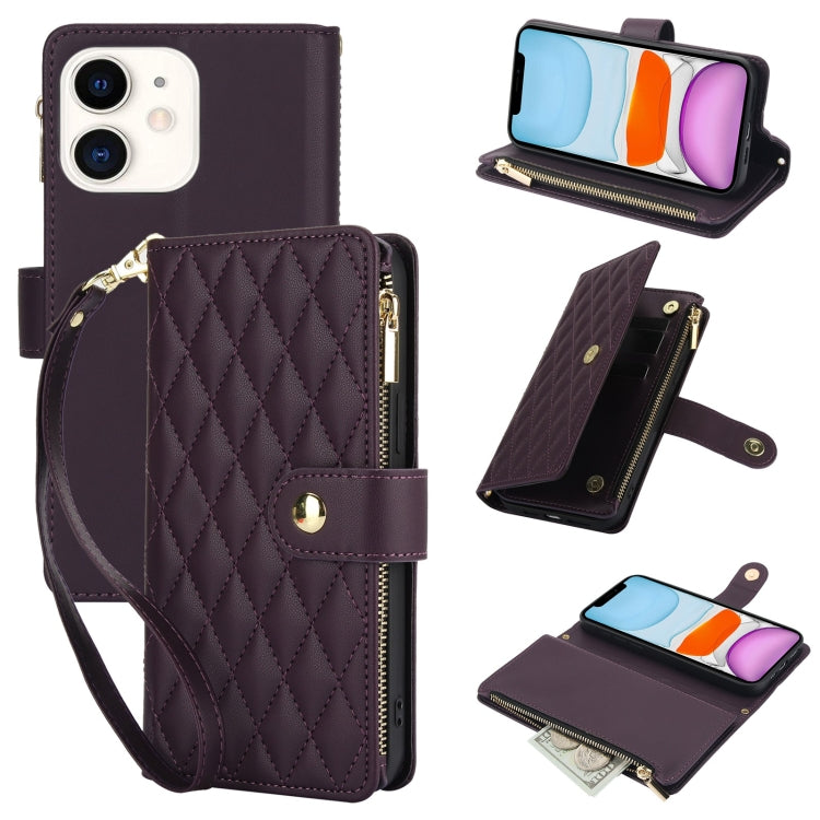 YM016 Rhombic Zipper Card Wallet Leather Phone Case with Lanyard, For iPhone 12 mini, For iPhone 11 Pro Max, For iPhone 11, For iPhone 11 Pro, For iPhone X / XS, For iPhone XR