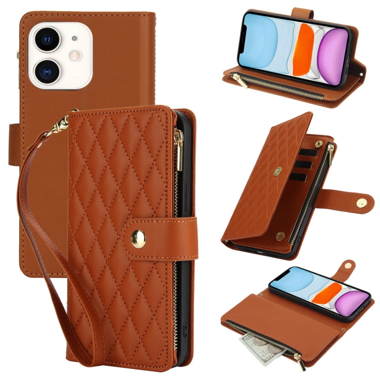 YM016 Rhombic Zipper Card Wallet Leather Phone Case with Lanyard, For iPhone 12 mini, For iPhone 11 Pro Max, For iPhone 11, For iPhone 11 Pro, For iPhone X / XS, For iPhone XR