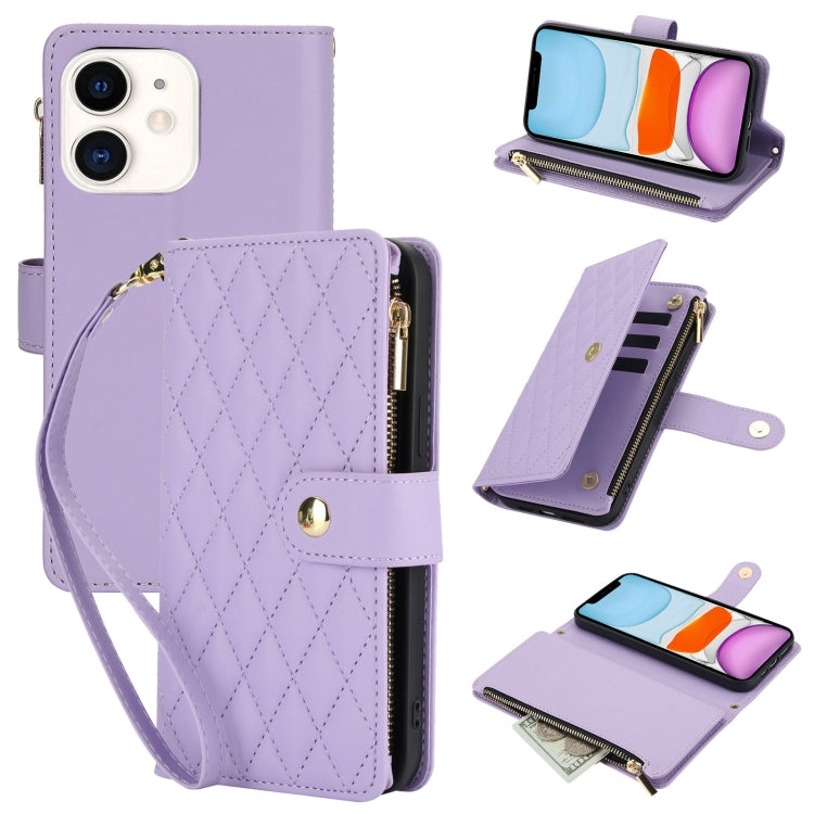 YM016 Rhombic Zipper Card Wallet Leather Phone Case with Lanyard, For iPhone 12 mini, For iPhone 11 Pro Max, For iPhone 11, For iPhone 11 Pro, For iPhone X / XS, For iPhone XR