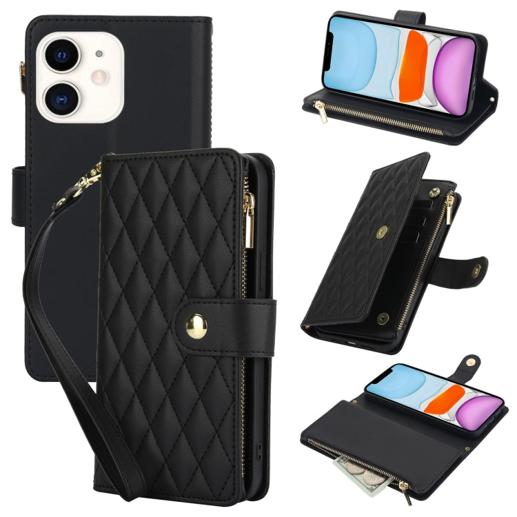 YM016 Rhombic Zipper Card Wallet Leather Phone Case with Lanyard, For iPhone 12 mini, For iPhone 11 Pro Max, For iPhone 11, For iPhone 11 Pro, For iPhone X / XS, For iPhone XR