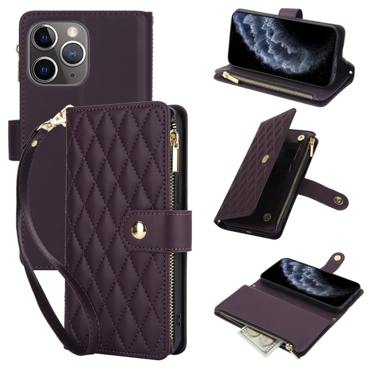 YM016 Rhombic Zipper Card Wallet Leather Phone Case with Lanyard, For iPhone 12 mini, For iPhone 11 Pro Max, For iPhone 11, For iPhone 11 Pro, For iPhone X / XS, For iPhone XR