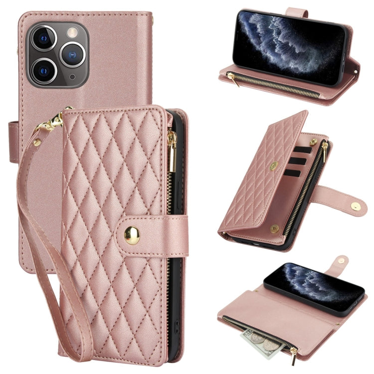 YM016 Rhombic Zipper Card Wallet Leather Phone Case with Lanyard, For iPhone 12 mini, For iPhone 11 Pro Max, For iPhone 11, For iPhone 11 Pro, For iPhone X / XS, For iPhone XR