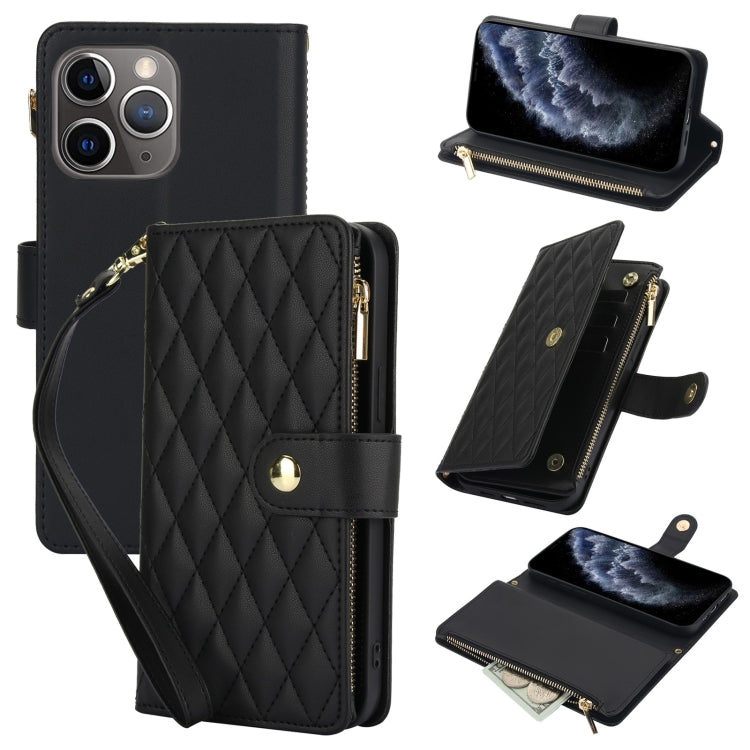 YM016 Rhombic Zipper Card Wallet Leather Phone Case with Lanyard, For iPhone 12 mini, For iPhone 11 Pro Max, For iPhone 11, For iPhone 11 Pro, For iPhone X / XS, For iPhone XR