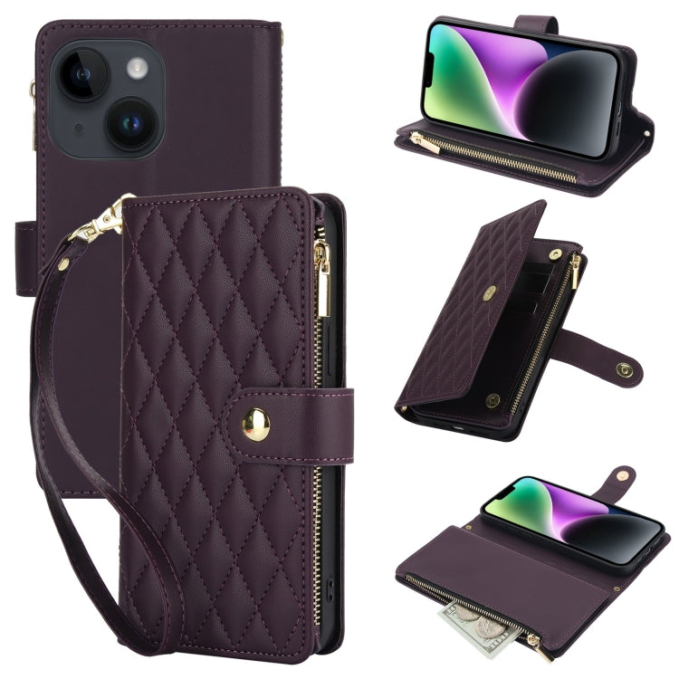 YM016 Rhombic Zipper Card Wallet Leather Phone Case with Lanyard, For iPhone 15, For iPhone 14 Plus, For iPhone 14, For iPhone 14 Pro, For iPhone 14 Pro Max, For iPhone SE 2022 / SE 2020 / 8